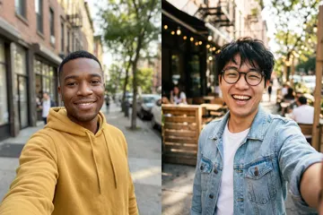 The two selfies this two-person Crazy Frog AI video was made from