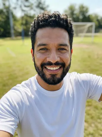 Park selfie of the bearded man in a white jersey