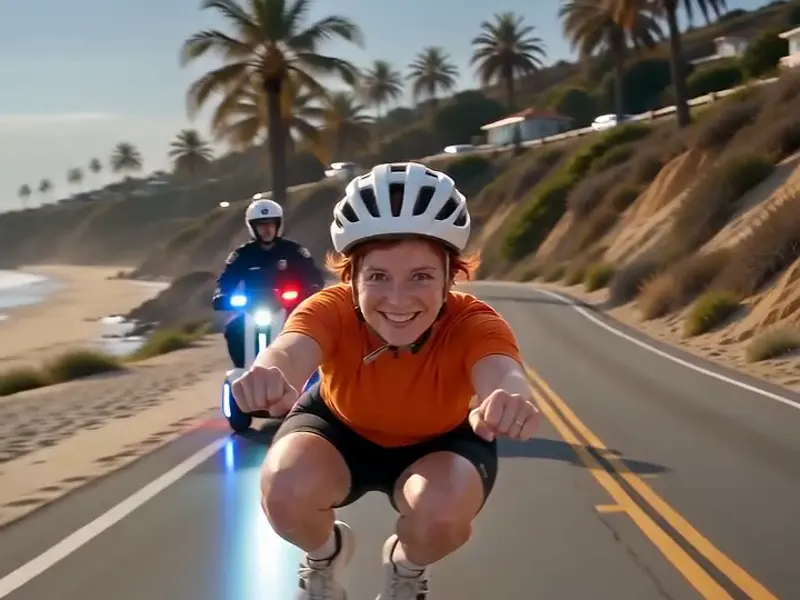 Frame from an AI invisible bike meme video: a cyclist in an orange jersey squats on an invisible motorcycle with a hover-bike cop behind her