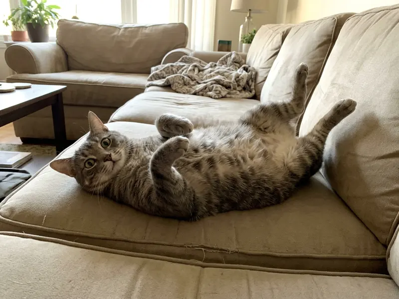 Illustration of the invisible bike lolcat: a tabby cat on its back on a sofa with paws up as if pedaling