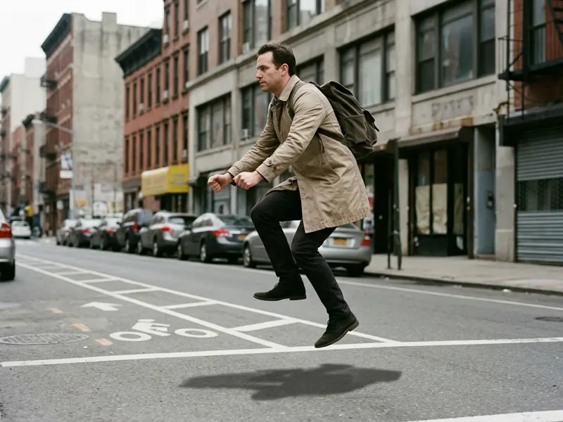 Illustration of the invisible bicycle photo edit: a commuter in a trench coat floats in a seated cycling pose over a bike lane with no bicycle