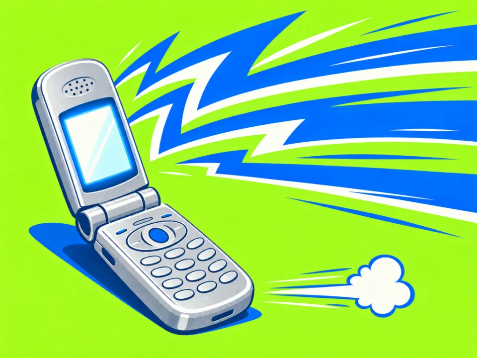 Illustration of an old flip phone blasting the Crazy Frog ringtone, drawn as moped speed lines