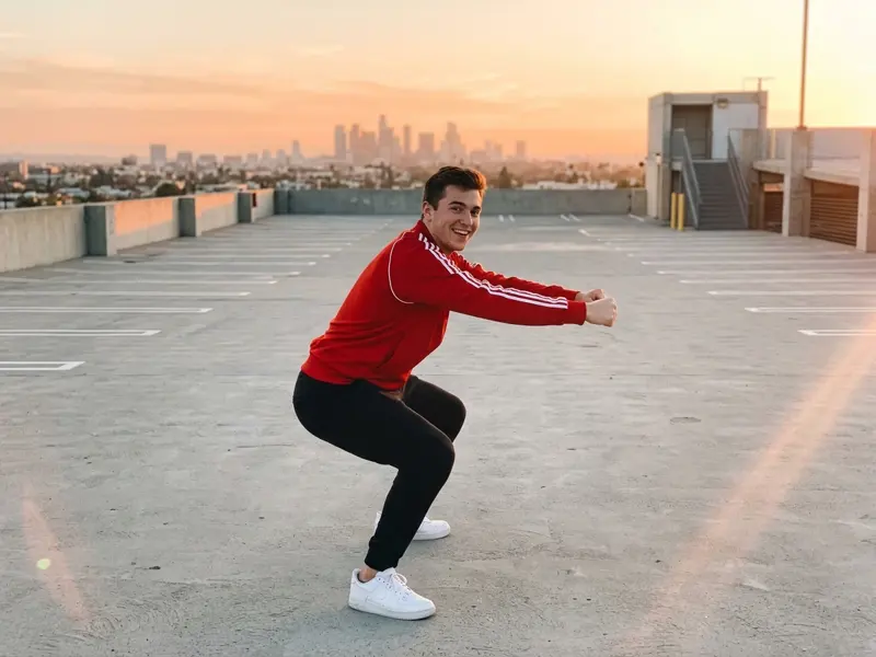 The invisible bike pose from the side: low squat, forward lean and fists on invisible handlebars