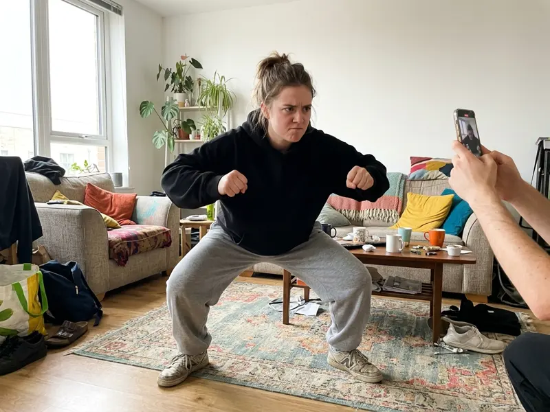 Illustration of the invisible motorcycle pose in real life: a woman squats in a living room with both fists out while a friend films