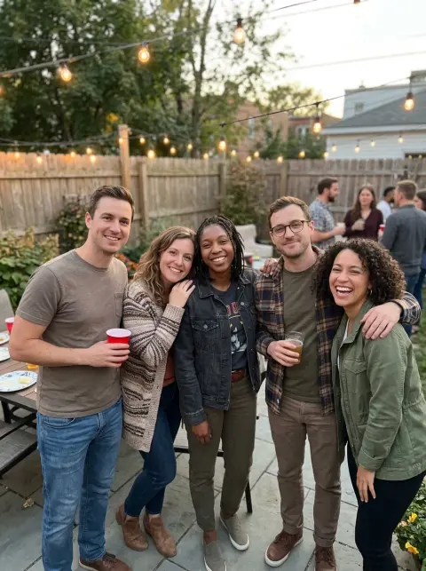 Bad photo for a Crazy Frog AI video: a group of five friends at a party