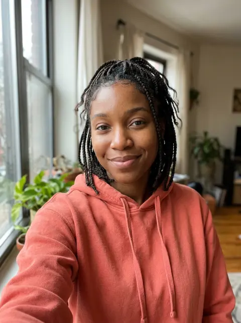 Good photo for a Crazy Frog AI video: a front-facing selfie by a window in daylight
